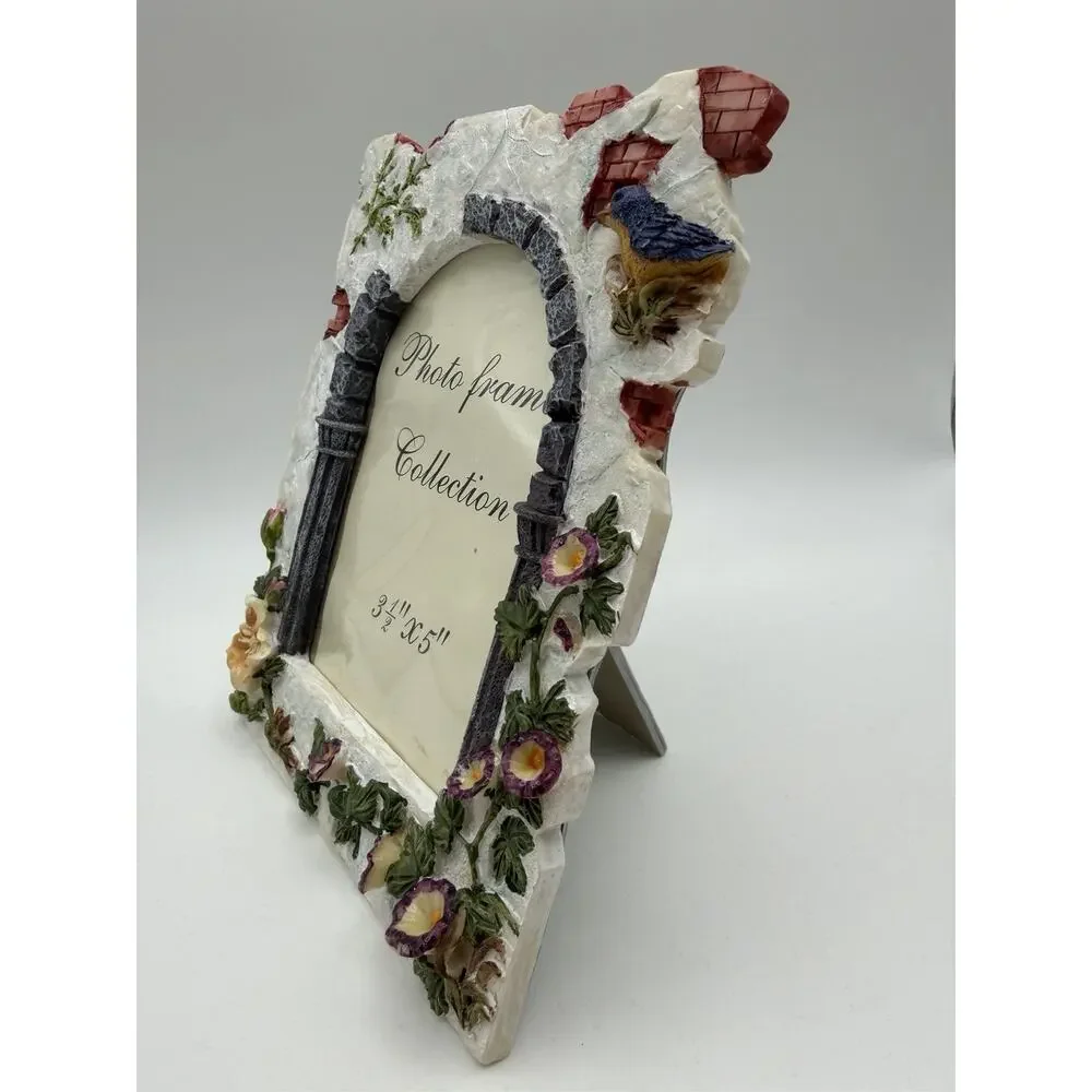 Vintage Garden Photo Frame Stone Arch 3D Resin Flowers Birds 3.5x5 Cottagecore